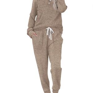 Cozy Ribbed Knit Pajama Set - Brown